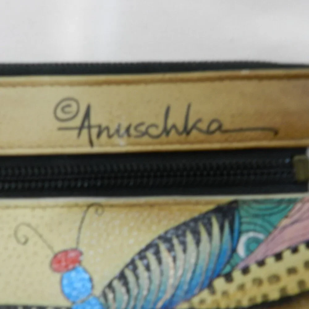 Anuschka Leather Butterfly clutch Zip around Hand painted wallet 8.5
